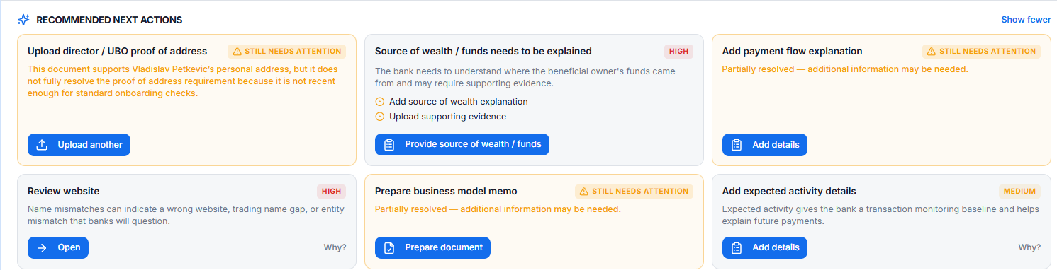 OnboardOS recommended next actions showing unresolved onboarding gaps and required actions.